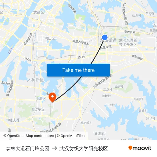 森林大道石门峰公园 to 武汉纺织大学阳光校区 map
