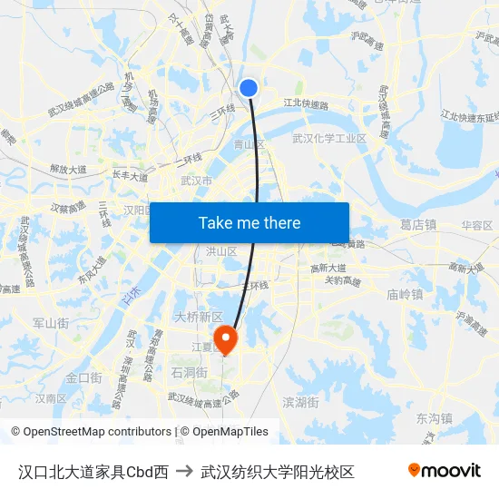 汉口北大道家具Cbd西 to 武汉纺织大学阳光校区 map