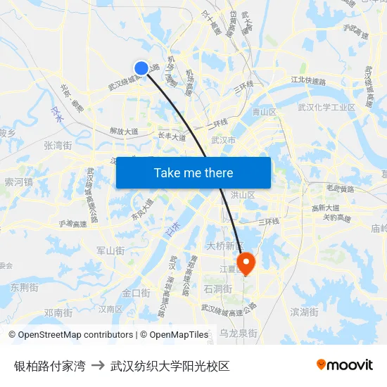 银柏路付家湾 to 武汉纺织大学阳光校区 map