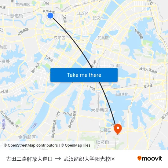 古田二路解放大道口 to 武汉纺织大学阳光校区 map