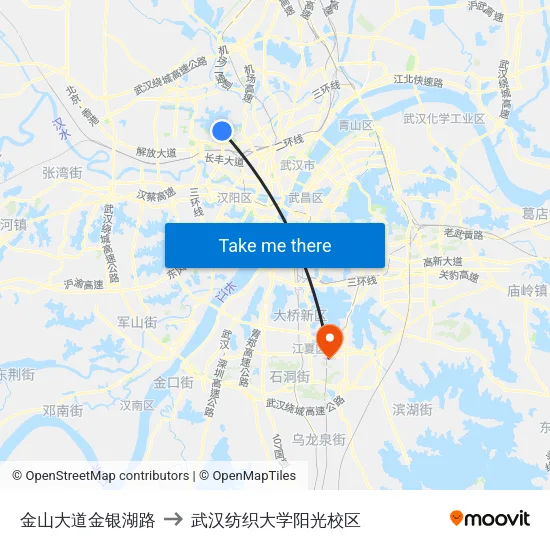 金山大道金银湖路 to 武汉纺织大学阳光校区 map