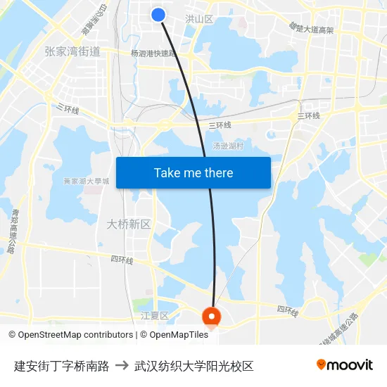 建安街丁字桥南路 to 武汉纺织大学阳光校区 map