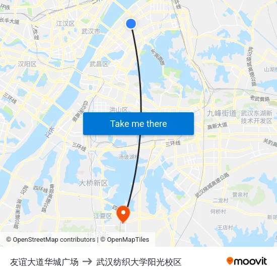 友谊大道华城广场 to 武汉纺织大学阳光校区 map