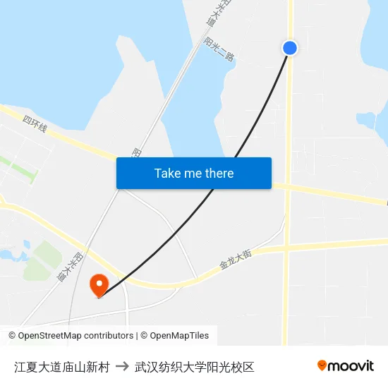 江夏大道庙山新村 to 武汉纺织大学阳光校区 map
