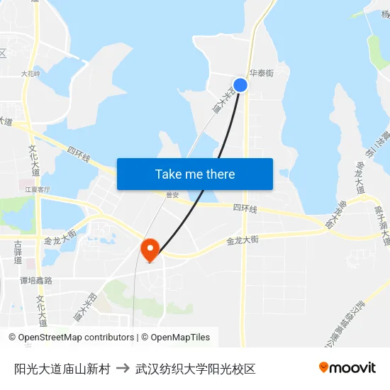 阳光大道庙山新村 to 武汉纺织大学阳光校区 map