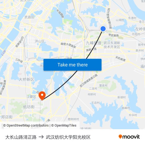 大长山路清正路 to 武汉纺织大学阳光校区 map