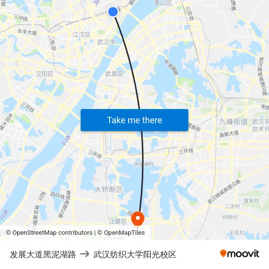 发展大道黑泥湖路 to 武汉纺织大学阳光校区 map