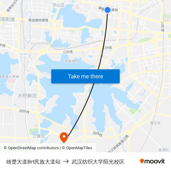 雄楚大道Brt民族大道站 to 武汉纺织大学阳光校区 map