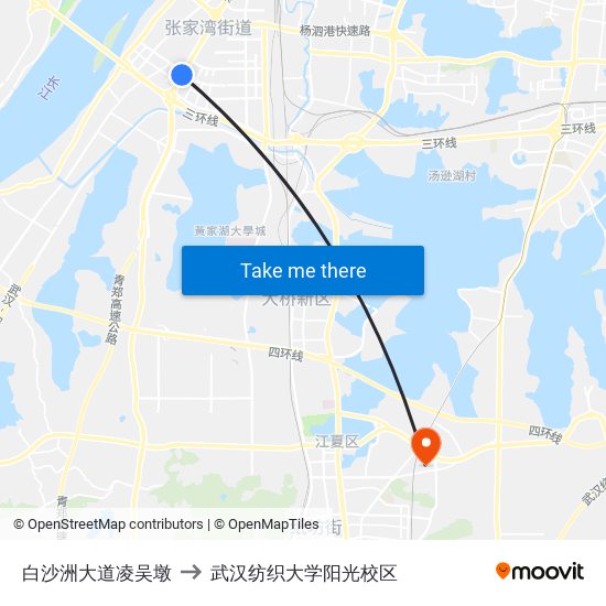 白沙洲大道凌吴墩 to 武汉纺织大学阳光校区 map