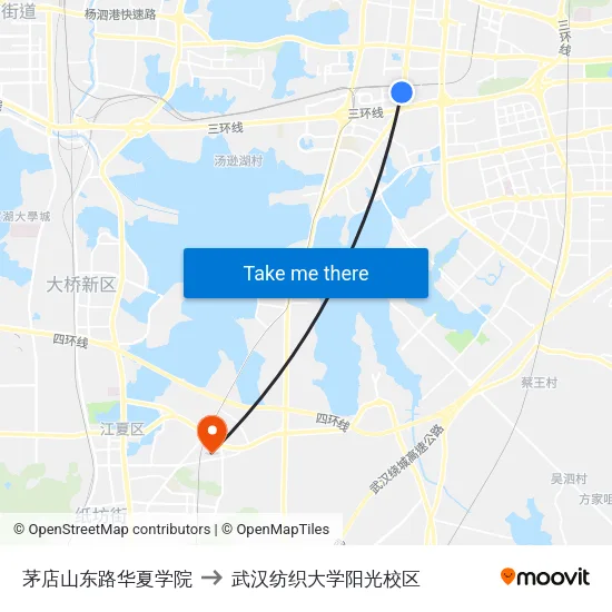 茅店山东路华夏学院 to 武汉纺织大学阳光校区 map