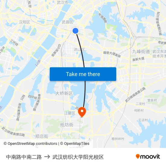 中南路中南二路 to 武汉纺织大学阳光校区 map