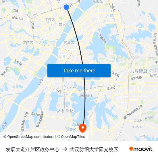 发展大道江岸区政务中心 to 武汉纺织大学阳光校区 map