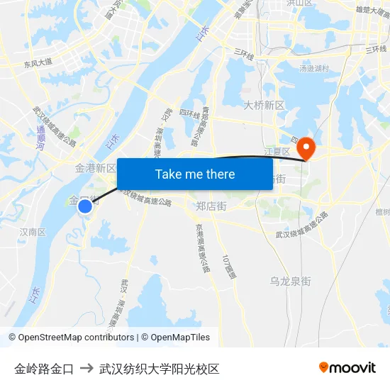 金岭路金口 to 武汉纺织大学阳光校区 map