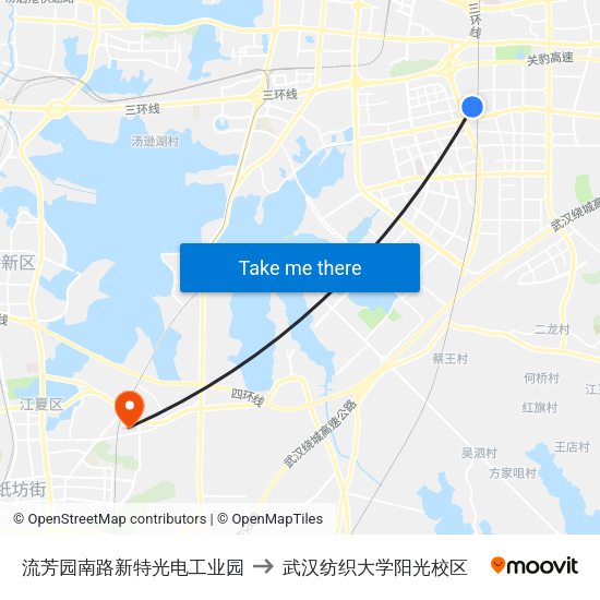 流芳园南路新特光电工业园 to 武汉纺织大学阳光校区 map