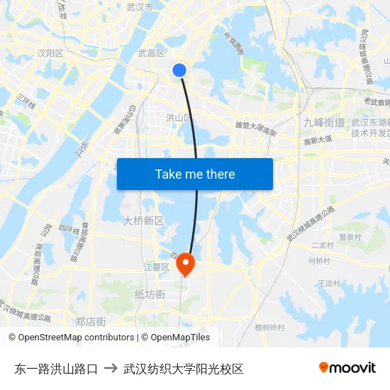 东一路洪山路口 to 武汉纺织大学阳光校区 map