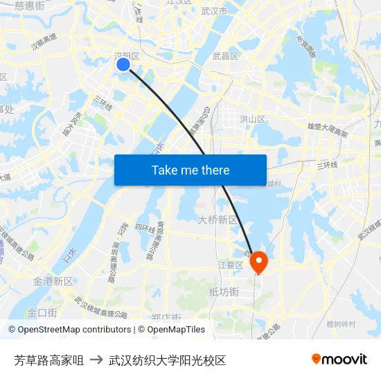 芳草路高家咀 to 武汉纺织大学阳光校区 map