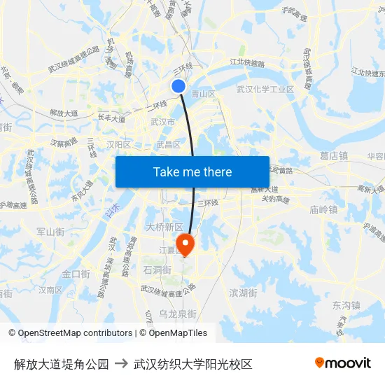 解放大道堤角公园 to 武汉纺织大学阳光校区 map