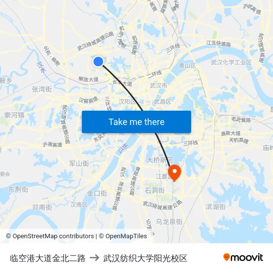 临空港大道金北二路 to 武汉纺织大学阳光校区 map