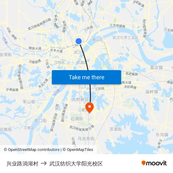 兴业路淌湖村 to 武汉纺织大学阳光校区 map