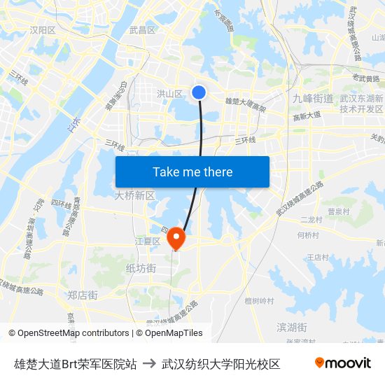 雄楚大道Brt荣军医院站 to 武汉纺织大学阳光校区 map