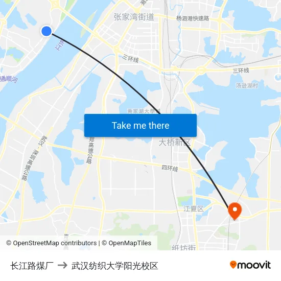 长江路煤厂 to 武汉纺织大学阳光校区 map