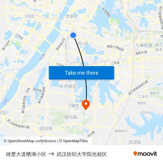 雄楚大道晒湖小区 to 武汉纺织大学阳光校区 map