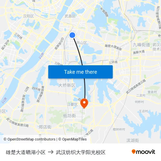 雄楚大道晒湖小区 to 武汉纺织大学阳光校区 map