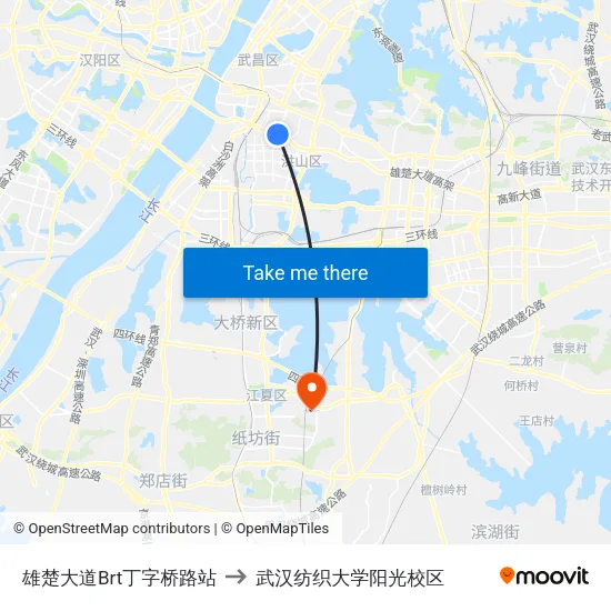 雄楚大道Brt丁字桥路站 to 武汉纺织大学阳光校区 map