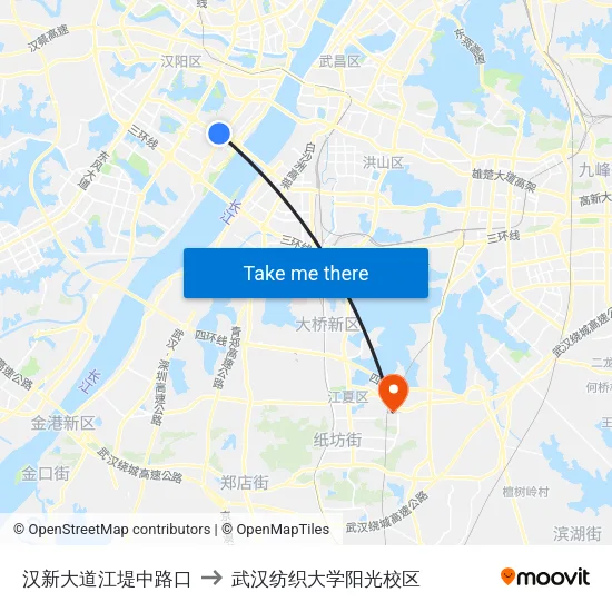 汉新大道江堤中路口 to 武汉纺织大学阳光校区 map