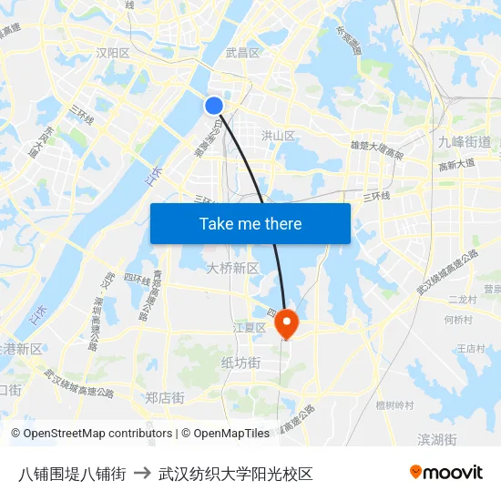 八铺围堤八铺街 to 武汉纺织大学阳光校区 map