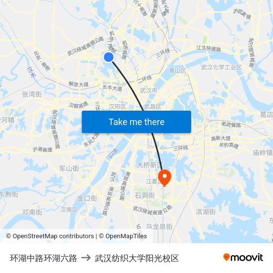 环湖中路环湖六路 to 武汉纺织大学阳光校区 map