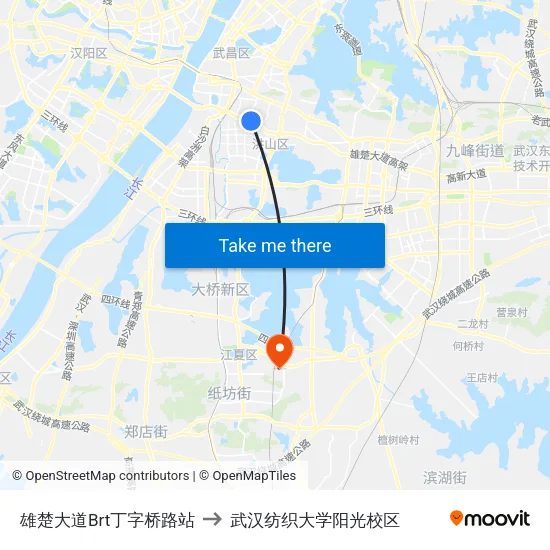 雄楚大道Brt丁字桥路站 to 武汉纺织大学阳光校区 map