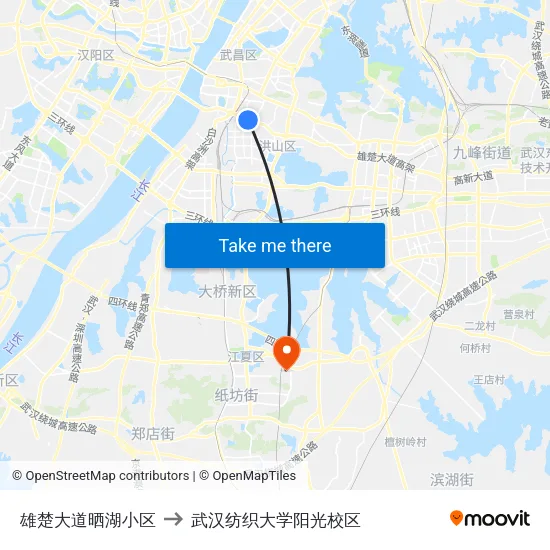 雄楚大道晒湖小区 to 武汉纺织大学阳光校区 map
