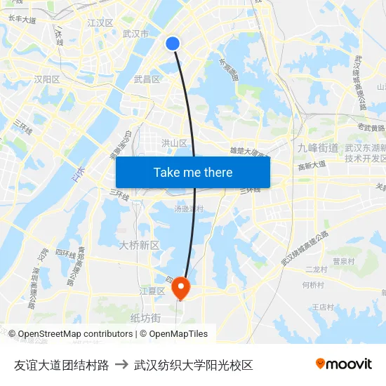 友谊大道团结村路 to 武汉纺织大学阳光校区 map