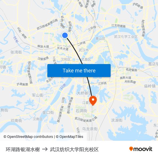 环湖路银湖水榭 to 武汉纺织大学阳光校区 map