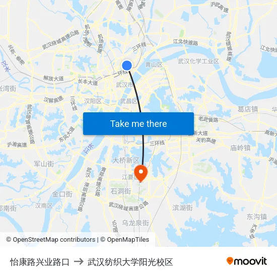 怡康路兴业路口 to 武汉纺织大学阳光校区 map