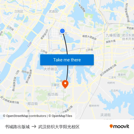 书城路出版城 to 武汉纺织大学阳光校区 map