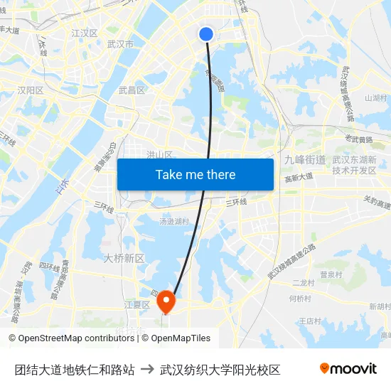 团结大道地铁仁和路站 to 武汉纺织大学阳光校区 map