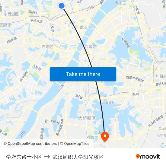 学府东路十小区 to 武汉纺织大学阳光校区 map