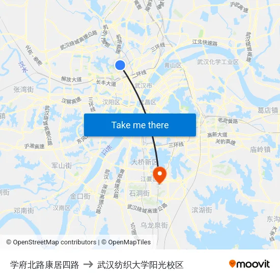 学府北路康居四路 to 武汉纺织大学阳光校区 map
