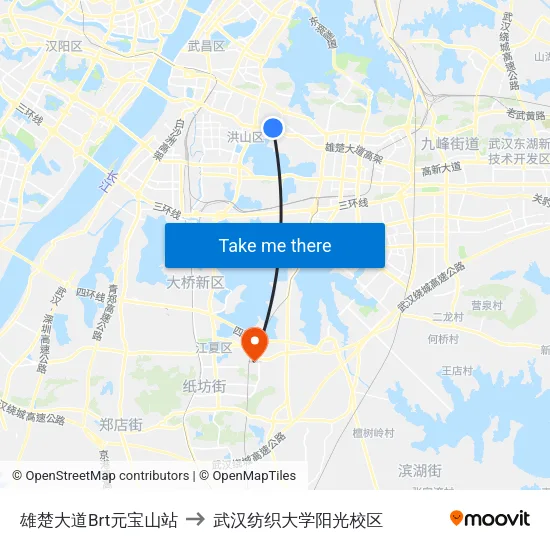 雄楚大道Brt元宝山站 to 武汉纺织大学阳光校区 map