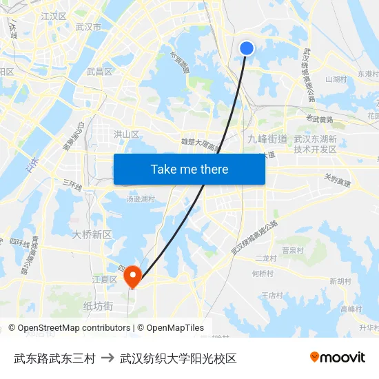 武东路武东三村 to 武汉纺织大学阳光校区 map