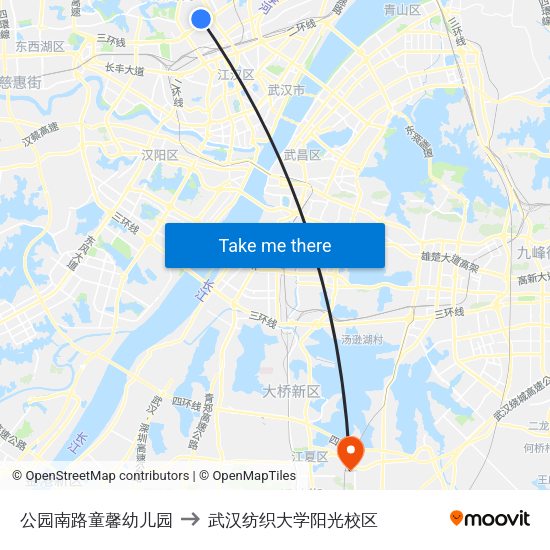公园南路童馨幼儿园 to 武汉纺织大学阳光校区 map
