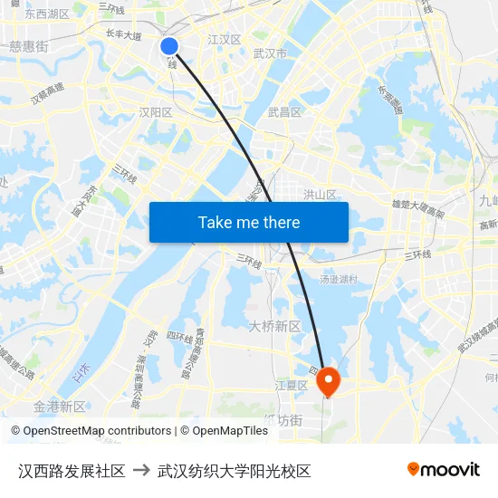 汉西路发展社区 to 武汉纺织大学阳光校区 map