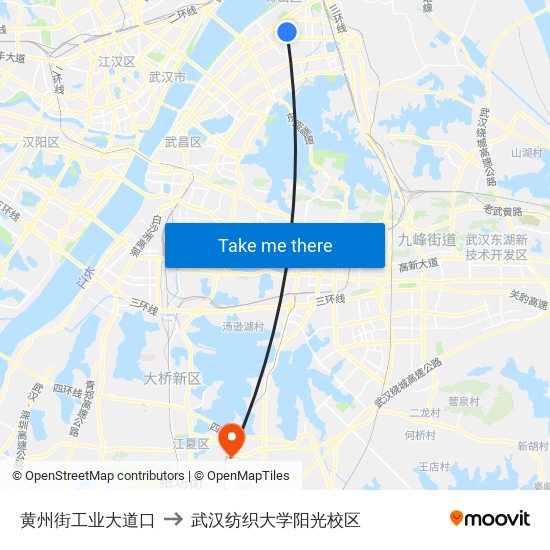 黄州街工业大道口 to 武汉纺织大学阳光校区 map