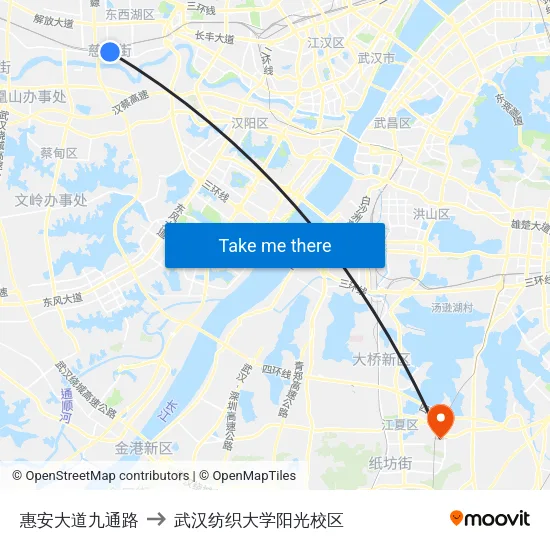 惠安大道九通路 to 武汉纺织大学阳光校区 map