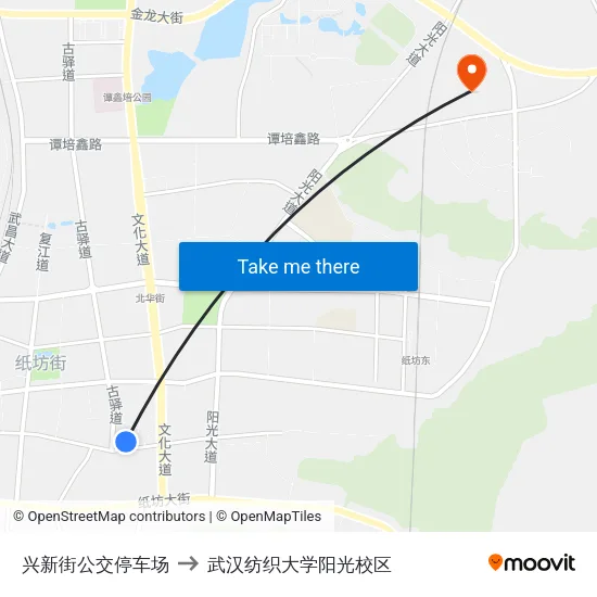 兴新街公交停车场 to 武汉纺织大学阳光校区 map