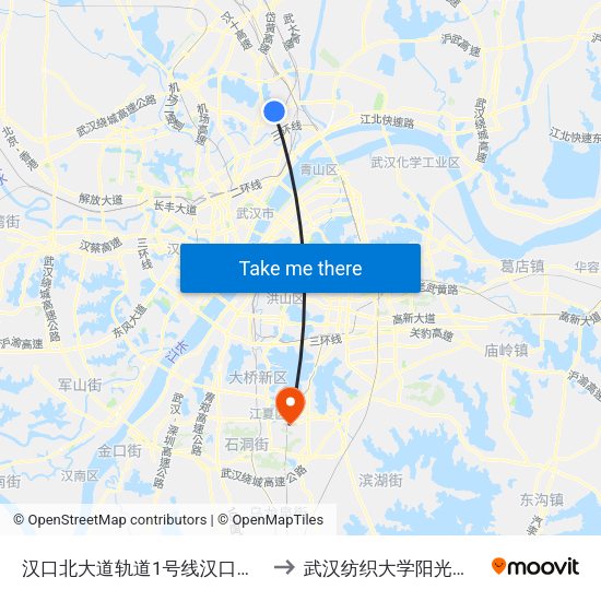 汉口北大道轨道1号线汉口北站 to 武汉纺织大学阳光校区 map