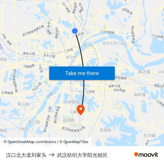 汉口北大道刘家头 to 武汉纺织大学阳光校区 map