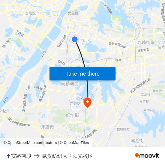 平安路南段 to 武汉纺织大学阳光校区 map